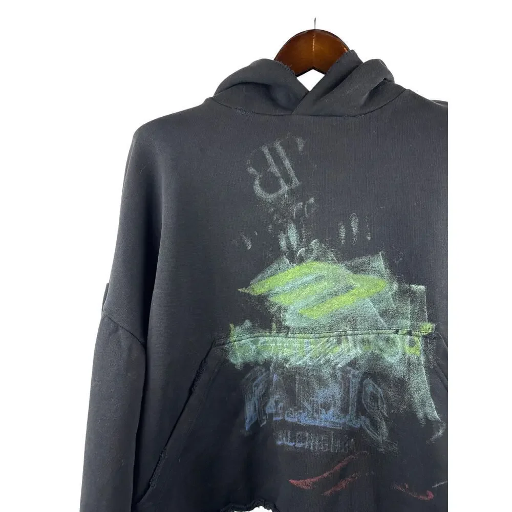 Unisex Balenciaga Size 2 Black Cropped Hoodie w/ Multicolor Abstract Design - Picture 2 of 6